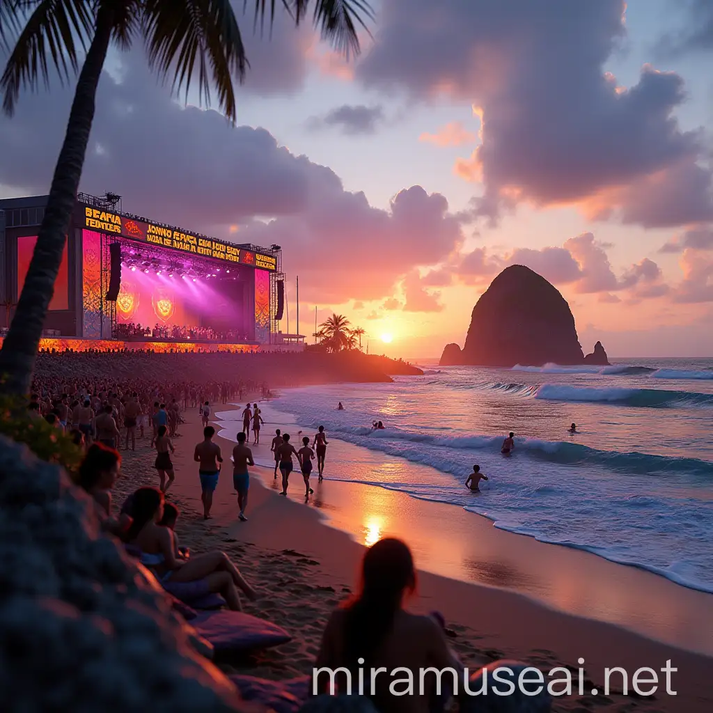 Vibrant Festival Scene with Musicians and Surfers at a Beach Stage