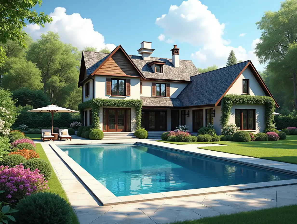 Create for me a house with a large garden and pool with a big house, colorful shrubs