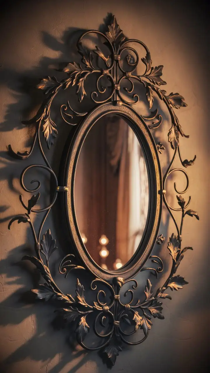 Ornate-Wrought-Iron-Framed-Wall-Mirror-with-Bronze-and-Gold-Accents