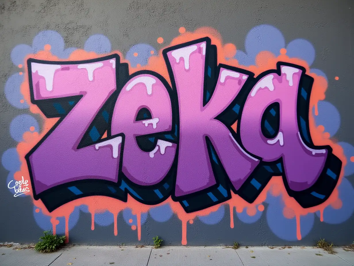 beautiful graffiti on the wall with purple color with the word zeka