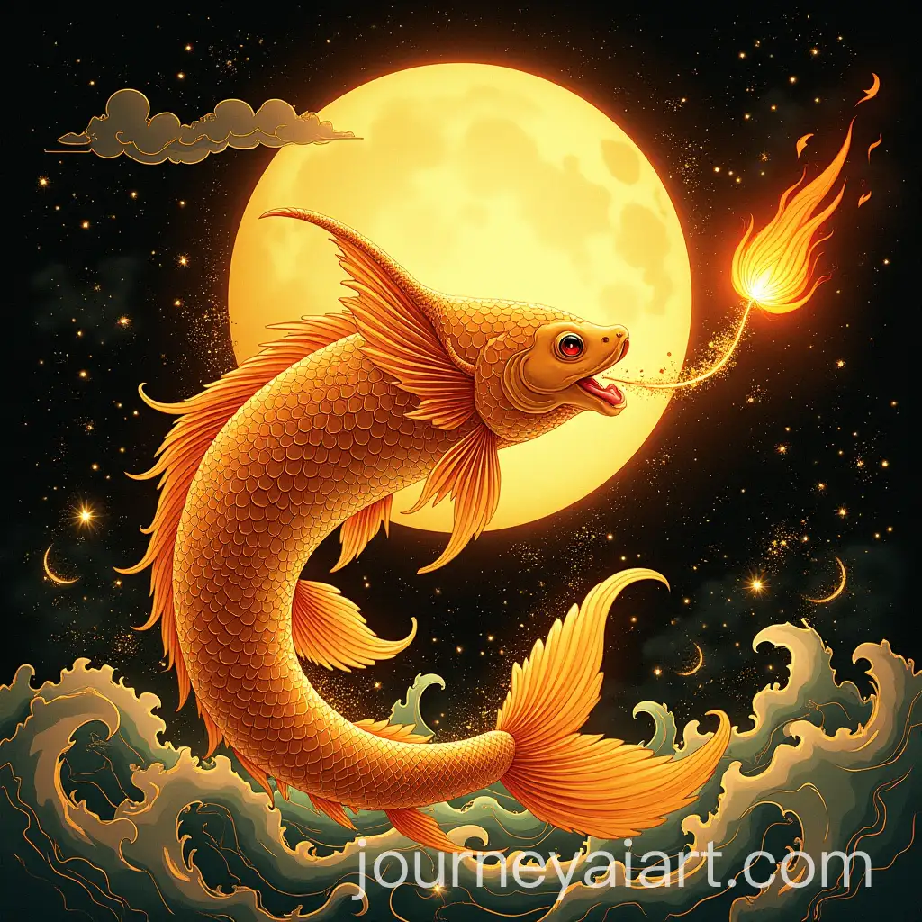 MythAI-Art-Prompt-Expansionical-Golden-Fish-Leaping-Under-Full-Moon-in-Thai-Traditional-Art-Style