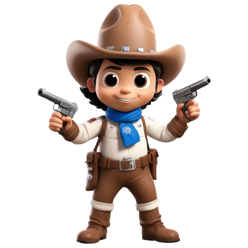 A cartoonish astronaut wearing a brown cowboy hat and a blue bandana holds a gun in each hand.