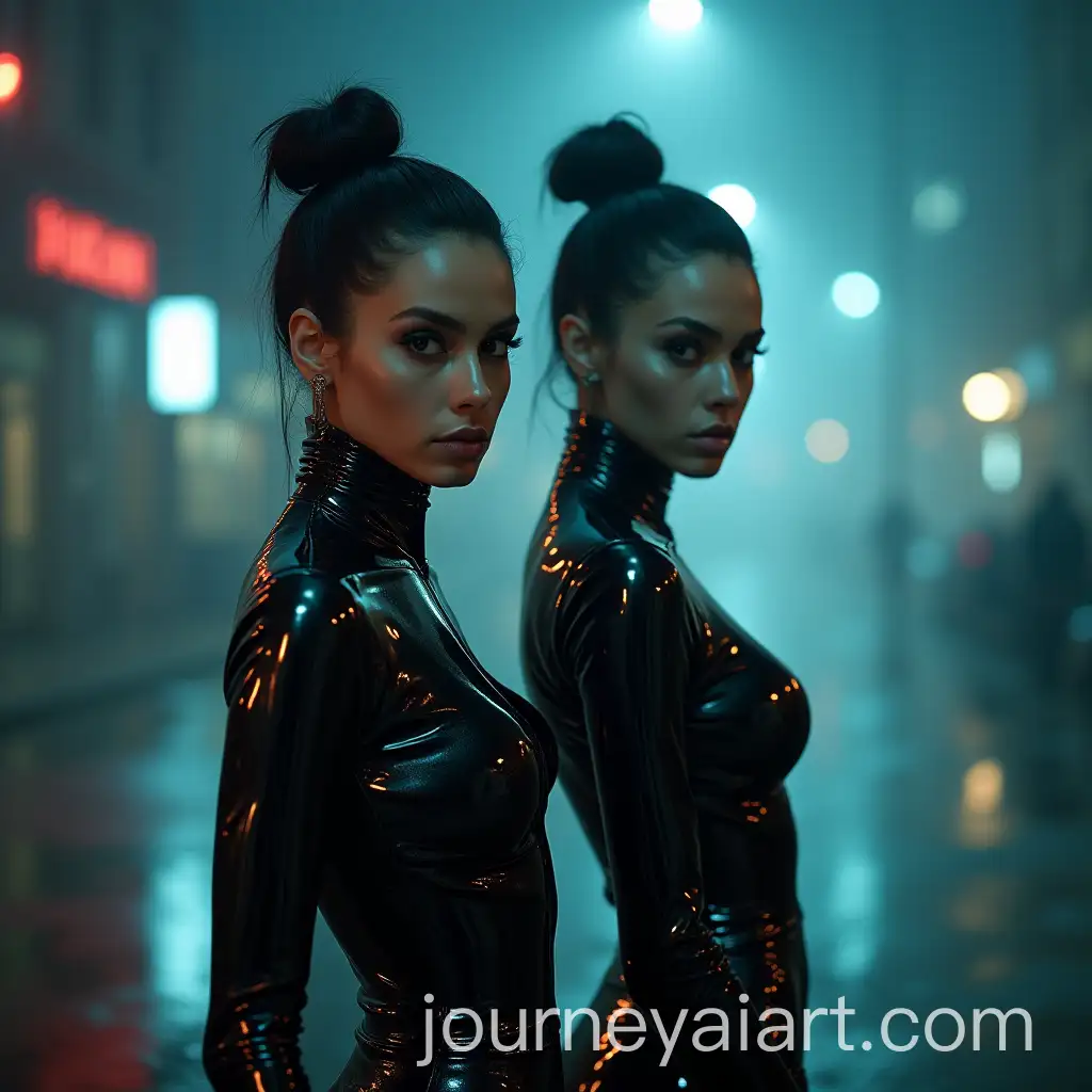 Two-Women-in-Metallic-Black-Latex-Suits-Urban-Night-Scene