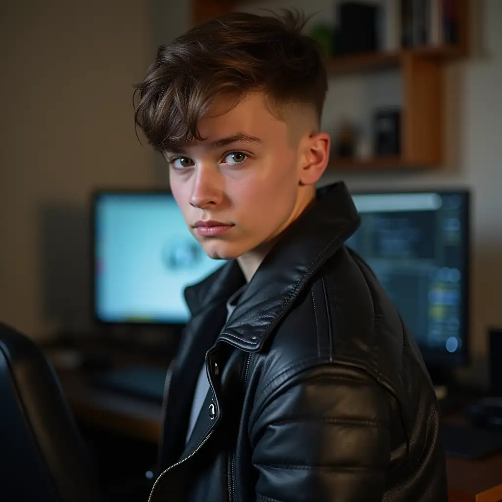 A young guy, 19 year old, with a half-box haircut, in a leather jacket, stands and looks at the camera, with a computer in the background