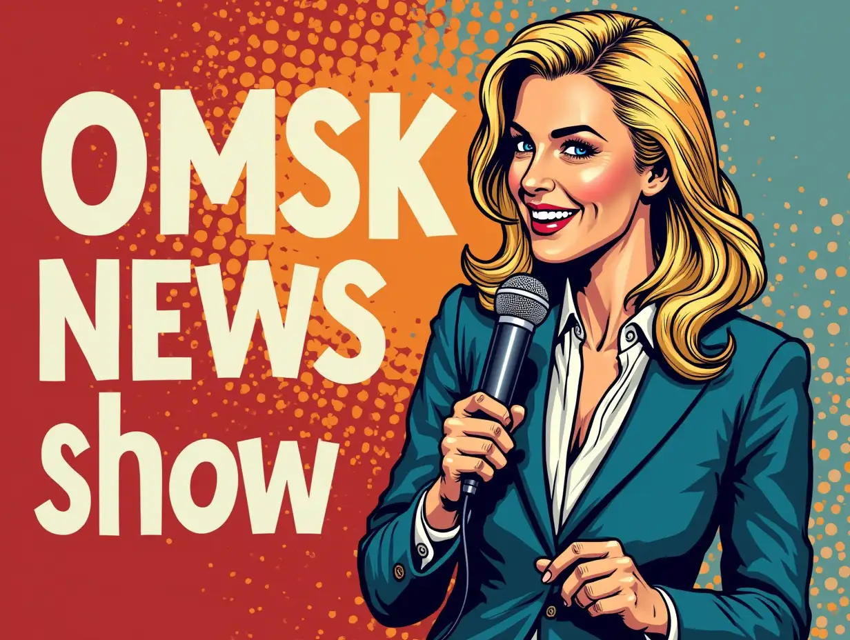 a woman in pop art style blonde with light hair smiles, blue eyes, in a business suit with a microphone in his hand, In the background you can see the phrase in large letters 'OMSK news', Below in small letters is the 'radio show'