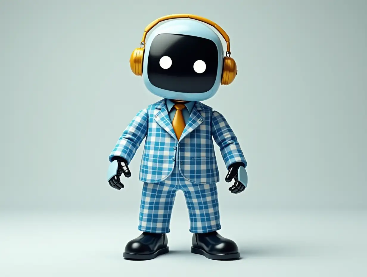 Create a high-resolution, realistic image of a robot with square eyes, golden headphones of a fashionable blue and white checked suit, patent leather shoes and strike a pose