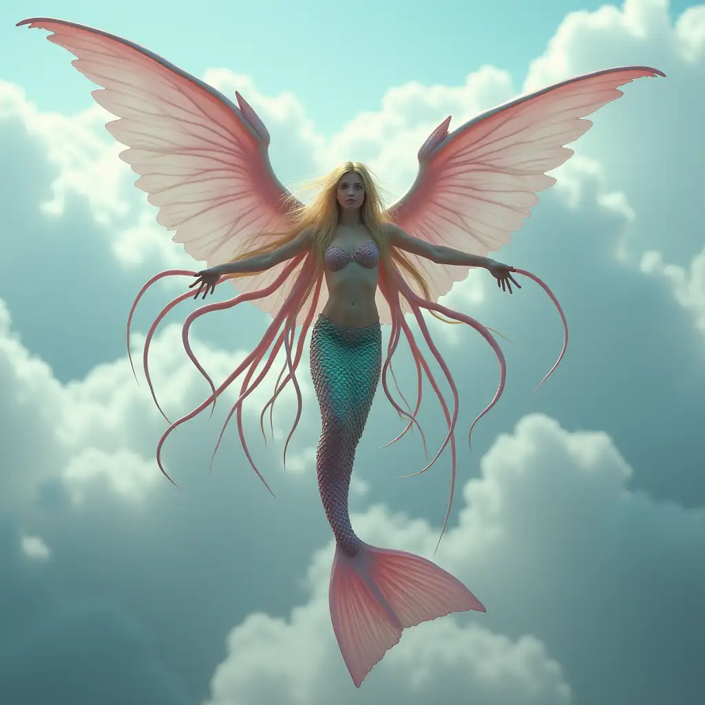 A photo of a blonde-haired mermaid with gigantic, long, shiny, webbed, membranous pink and blue wings flying in the sky between the clouds. She has many very long octopus tentacles growing from the waist. The mermaid has long pink and green scaly fish tail. She is flapping her wings. The background is filled with clouds.