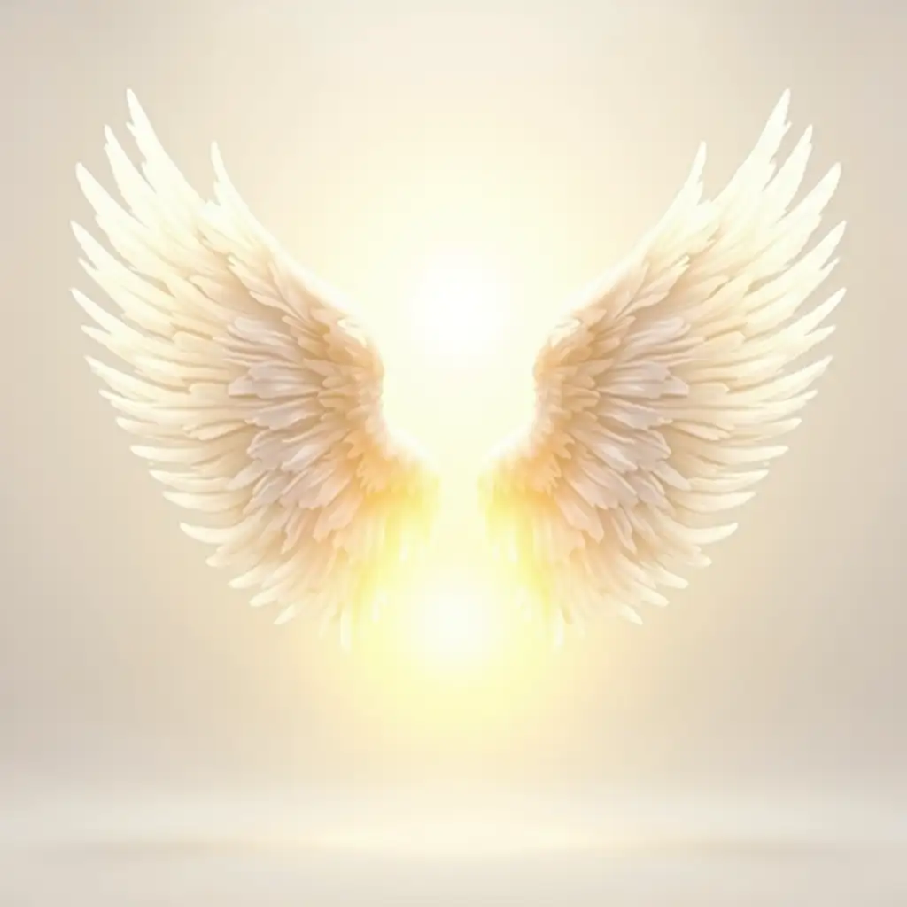 white feathered angel wings, luminous golden glow, transparent background