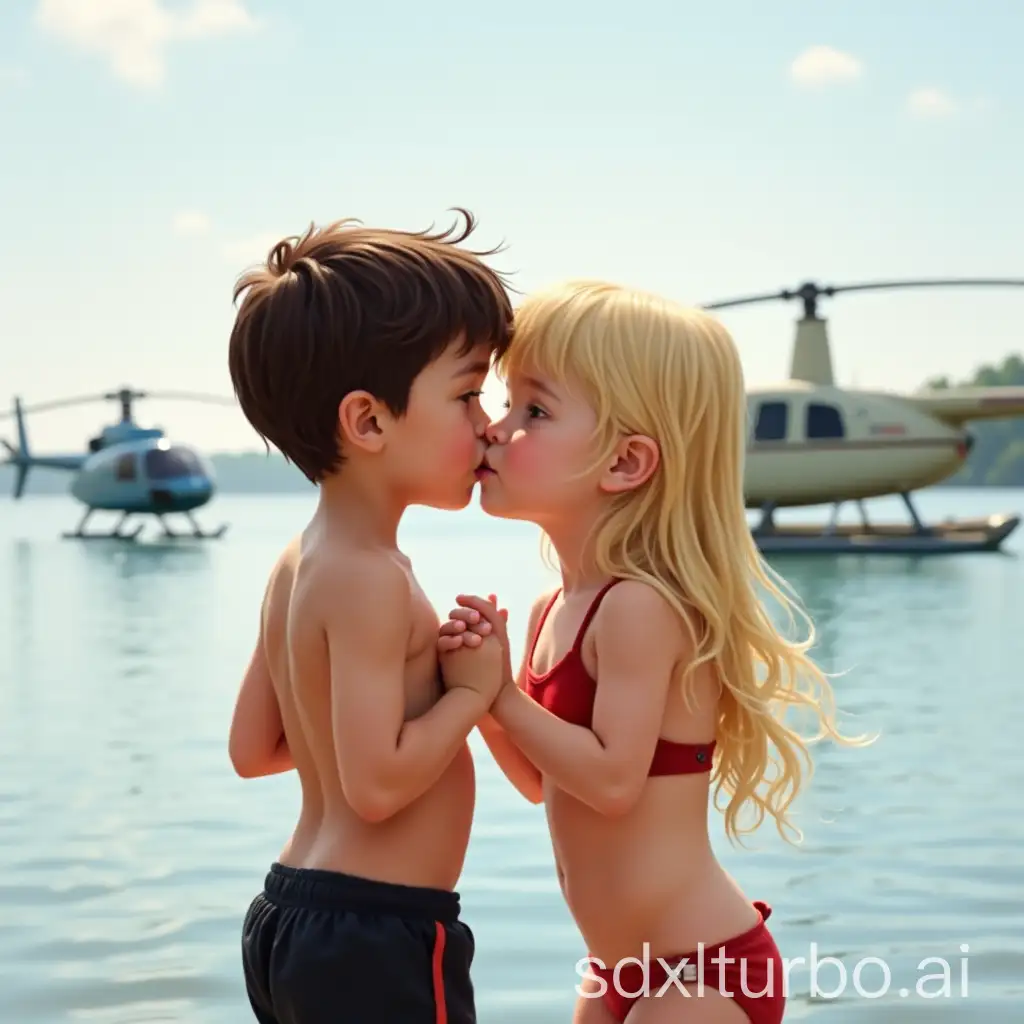 Little-Boy-and-Girl-Kissing-by-the-Lakeside-with-Helicopter-in-Background