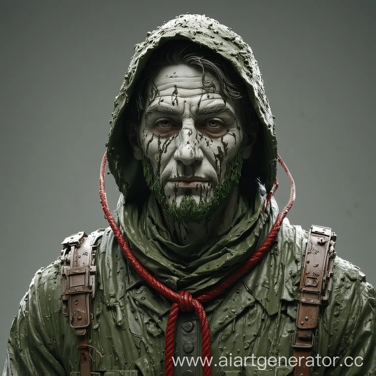 A high-poly anonymous weird man with high details dressed harsh in muddy green, front view, looks at camera 35 mm lens, shoot from their machine guns, a bullet that leaves behind a red rope toward something that we can't see. The man sculpture's form emphasizes intricate, highly detailed textures and dramatic, sharply focused cinematic elements that convey transformation and flexibility. Rendered in a white studio space, the atmosphere captures an incredibly slow-motion effect, highlighting the fluidity of reality and change. Use dramatic cinematic lighting to highlight depth and volume, enhancing every subtle curve and expression in high-poly detail. Ideal for high-resolution 8K 3D modeling. 8k resolution.