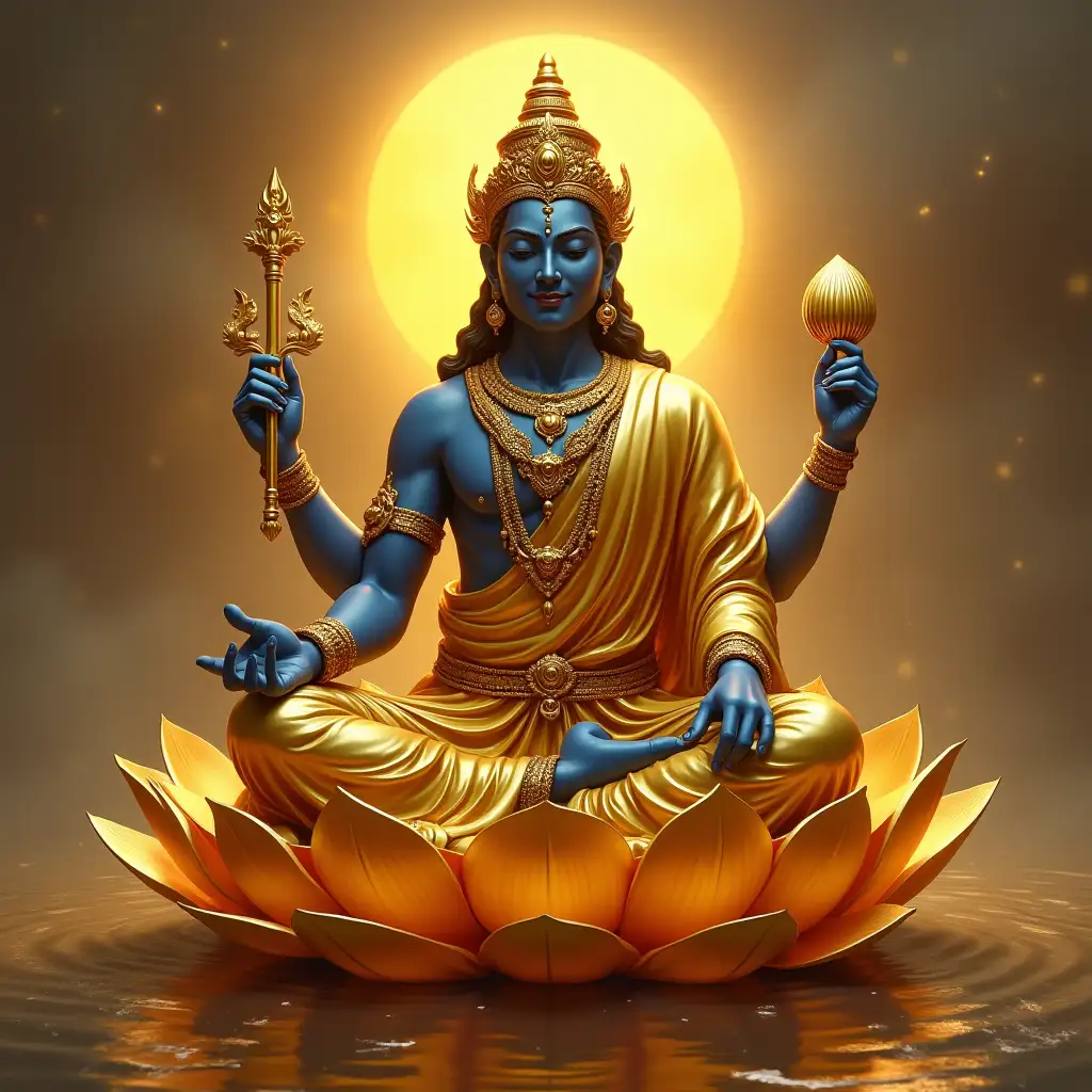 a god from the world with dark blue skin in golden clothes sits in a shining golden lotus and in four hands holds a golden disc, mace, shell and lotus