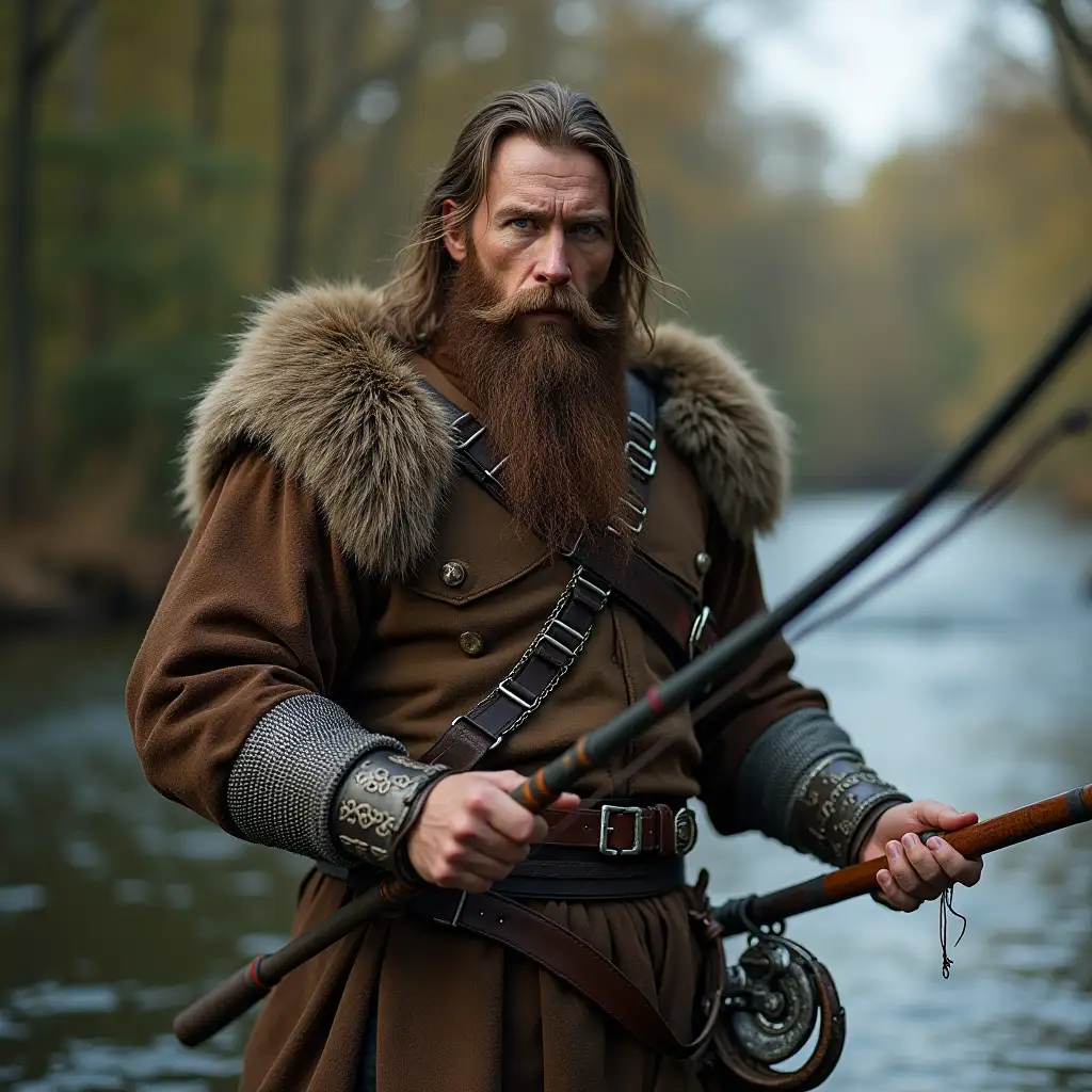 Muscular-Man-Fishing-in-a-River-with-Leather-and-Fur-Outfit