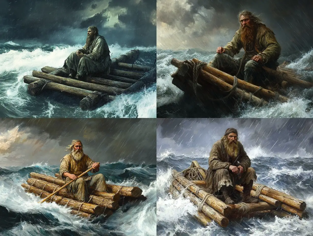 Bearded-Man-on-Raft-in-Stormy-Sea-with-Tattered-Clothes