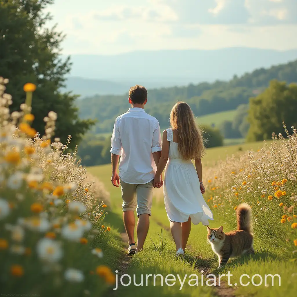 Romantic-Couple-Walking-in-Italian-Countryside-with-Cat-and-Flowers