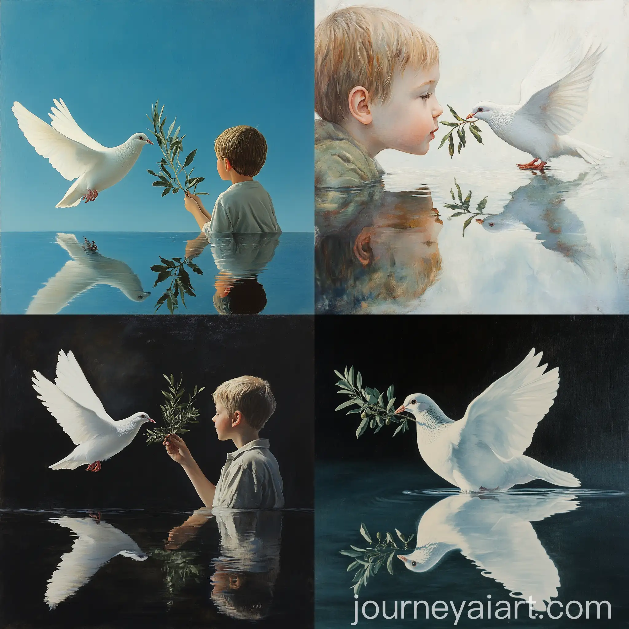 Peaceful-White-Dove-with-Olive-Branch-Observed-by-a-Boy