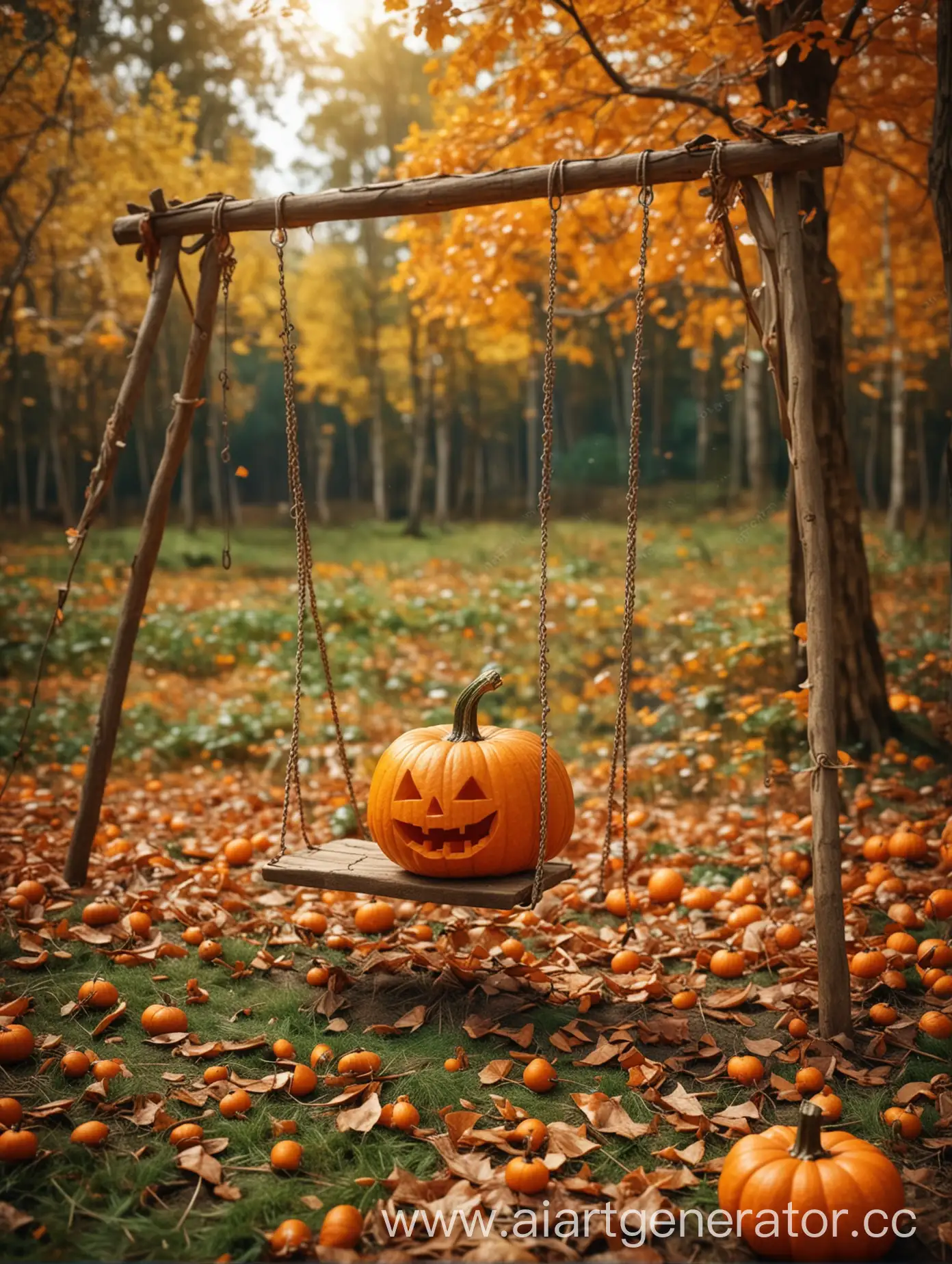 Autumn-Scene-with-Swing-and-Pumpkin-in-Forest-Glade