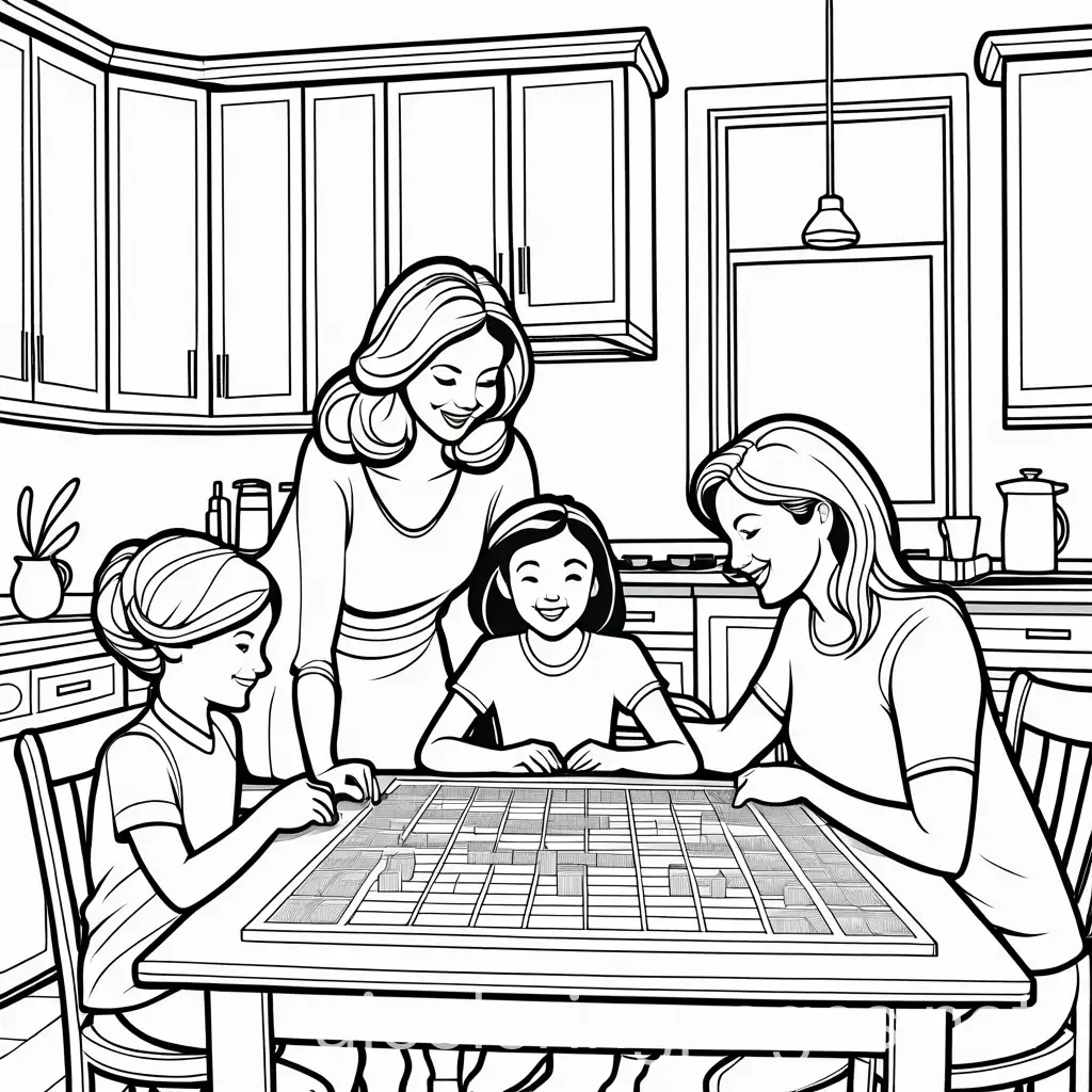 Middleaged-Women-and-Children-Playing-Board-Games-in-Kitchen