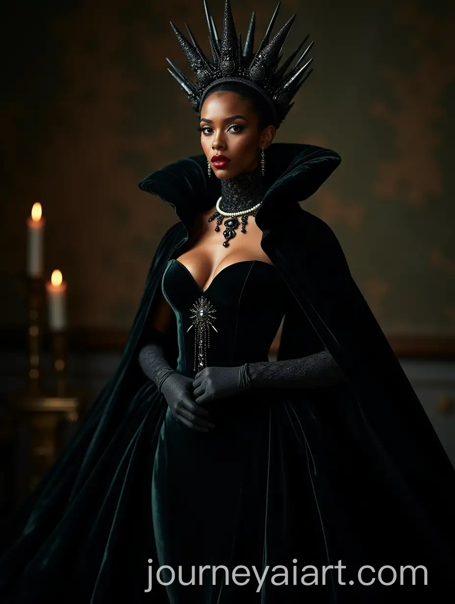 Dark-Queen-in-Sculptural-Velvet-Gown-with-Spiked-Crown-and-Gothic-Jewelry