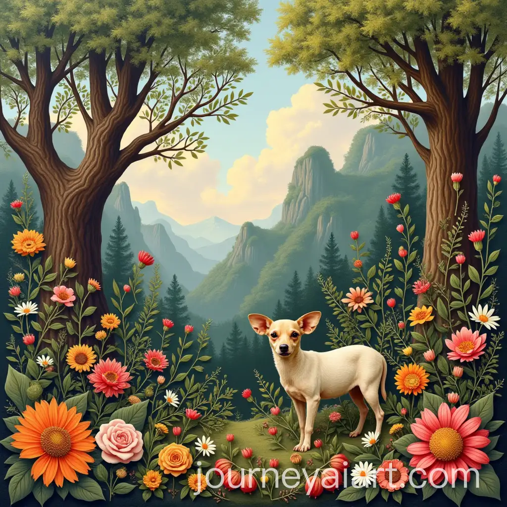 Humans-and-Animals-Surrounded-by-Flowers-and-Trees-in-a-Natural-Art-Landscape