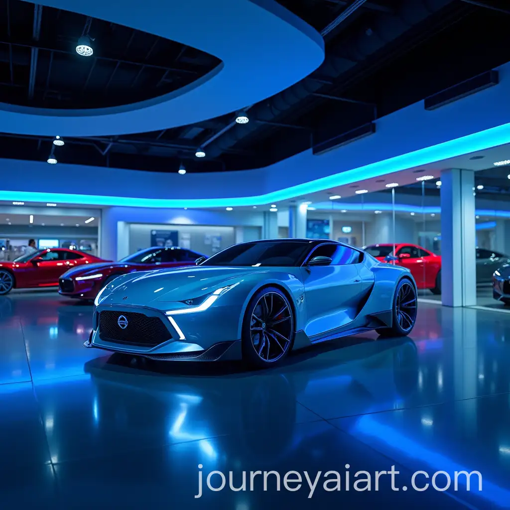 Futuristic-NISSAN-Cars-Exhibition-with-Blue-LED-Accents-in-Modern-Showroom