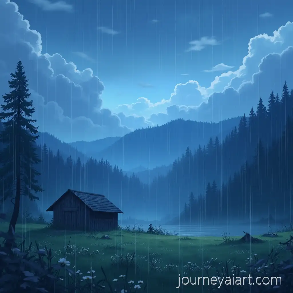 Rainy-Day-in-Nature-with-SmallRainy-Nature-Hut-Scene-Hut-and-Clouds-in-Anime-Style