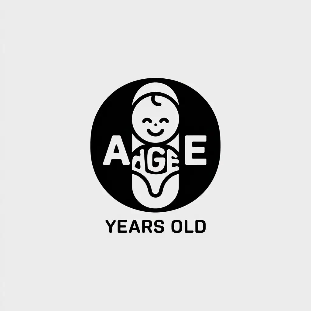 a vector logo design,with the text "0 years old", main symbol:Combine '0' and 'age', put the word 'age' in the middle of the number '0', make the 'age' look like a baby. The baby is smiling, black and white color,complex,be used in Education industry,clear background