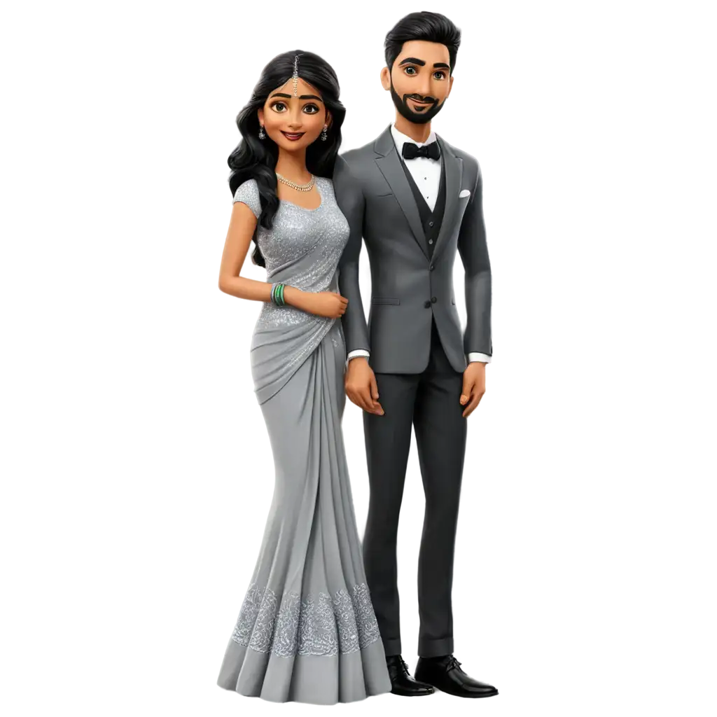 Indian-Wedding-Couple-Cartoon-PNG-Image-Bride-in-Silver-Saree-and-Groom-in-Grey-Suit-and-Black-Pants