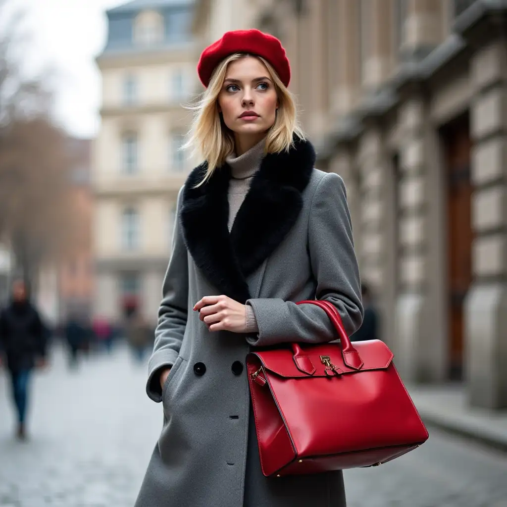 Young-Woman-in-Gray-Coat-and-Red-Beret-on-City-Street