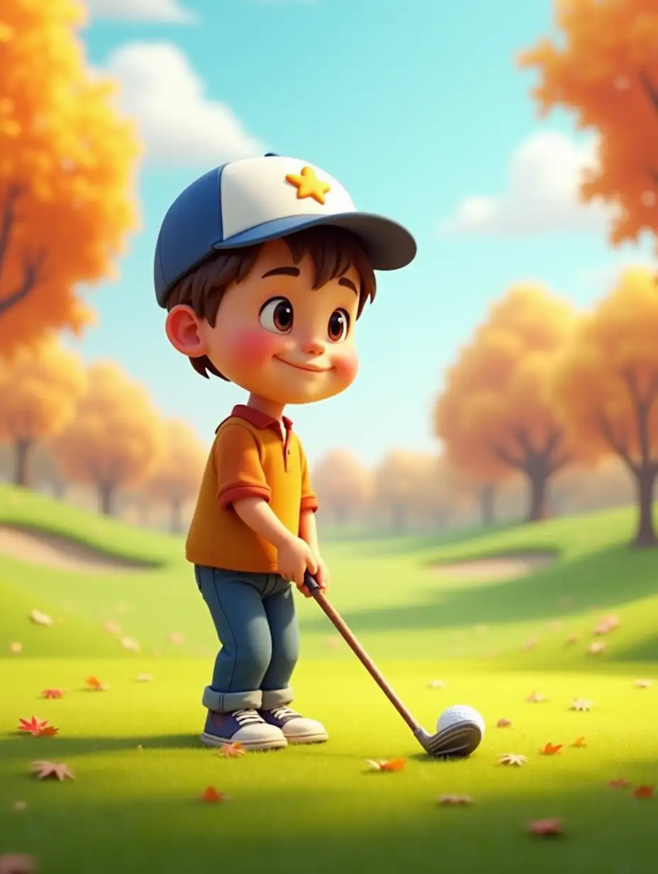 A cute little boy in Pixar 3D character style getting ready to tee off on a golf course with autumn leaves in a clear fall sky.