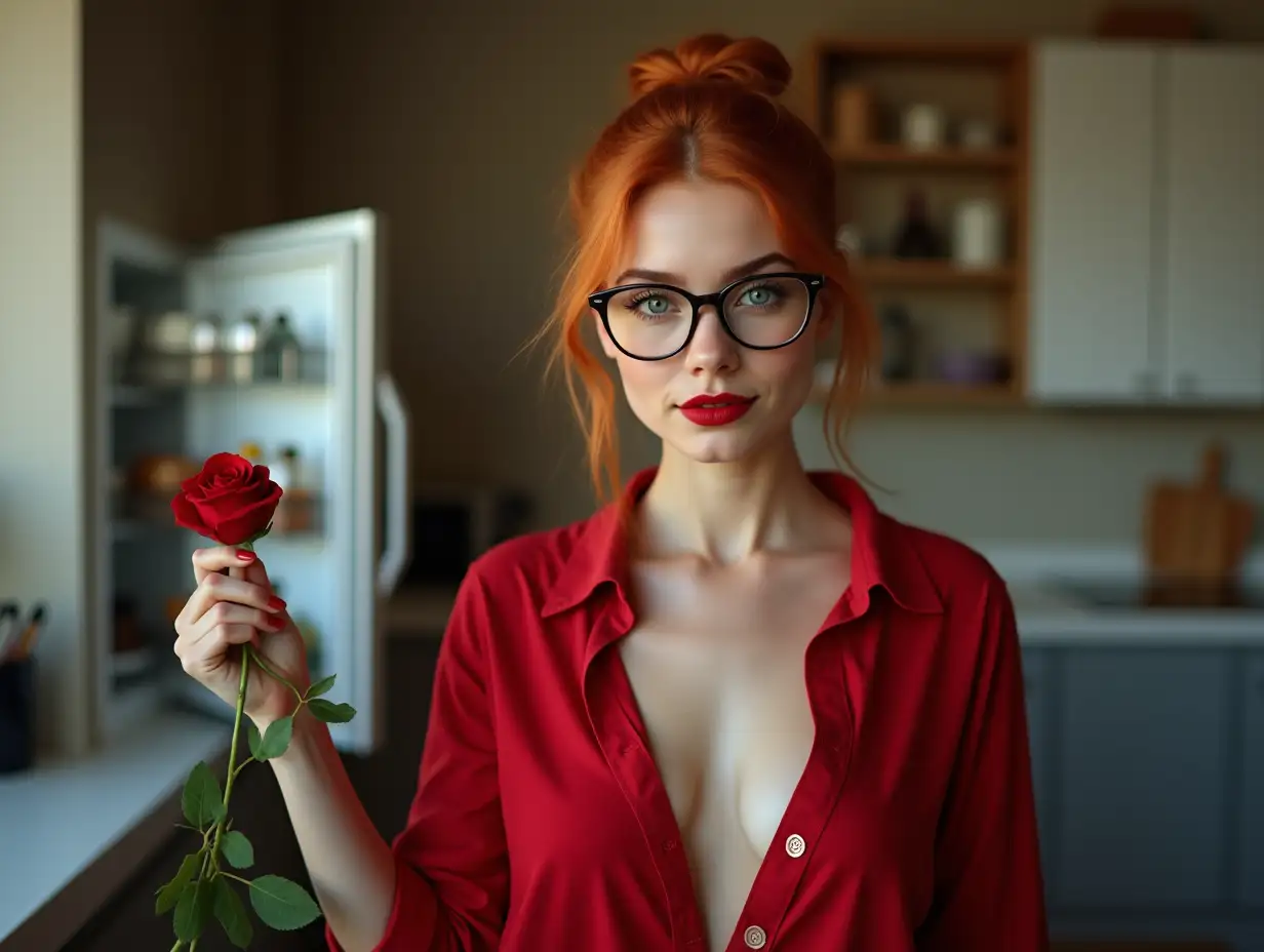 Beautiful student with reddish Venetian hair tied up, rectangular glasses, blue eyes. Photoshoot in the kitchen. With open red shirt, plunging neckline. Red lipstick. Kitchen. Pose in front of the open fridge. Fiery gaze. Rose in hand.