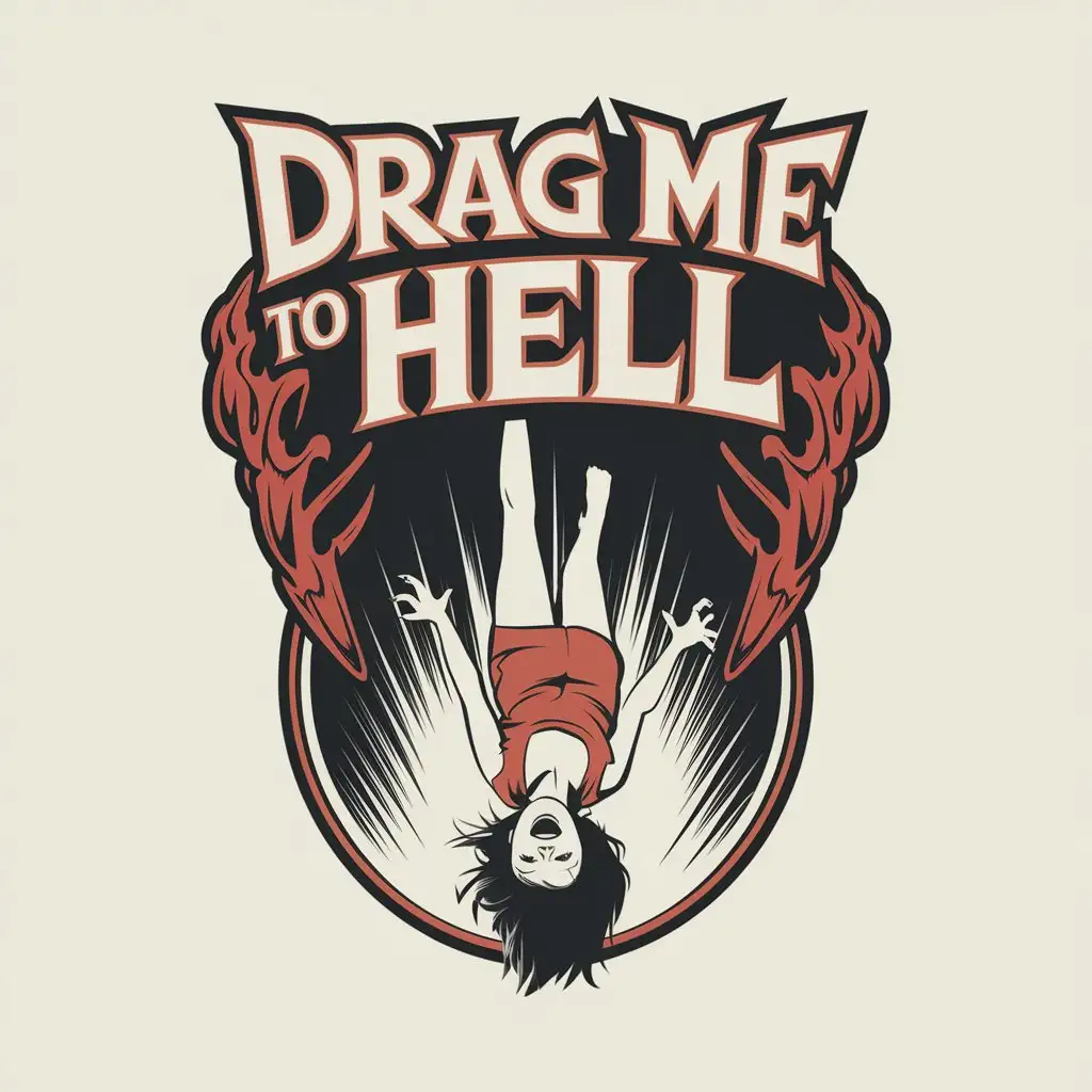 LOGO Design for Hellish Descent Vector Art with DRAG ME TO HELL Text and a Screaming Girl Falling