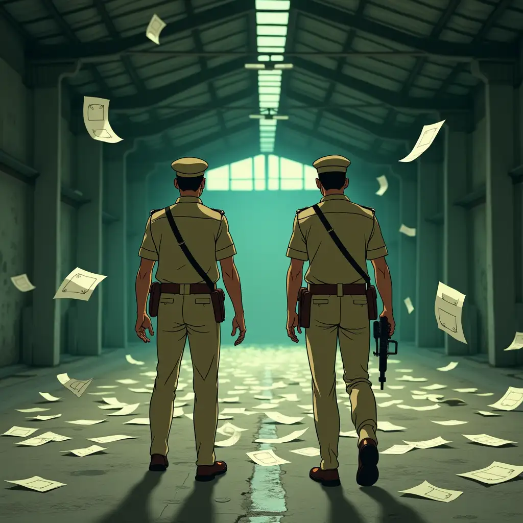 Indian-Police-Searching-Empty-Warehouse-with-Floating-Money-Papers