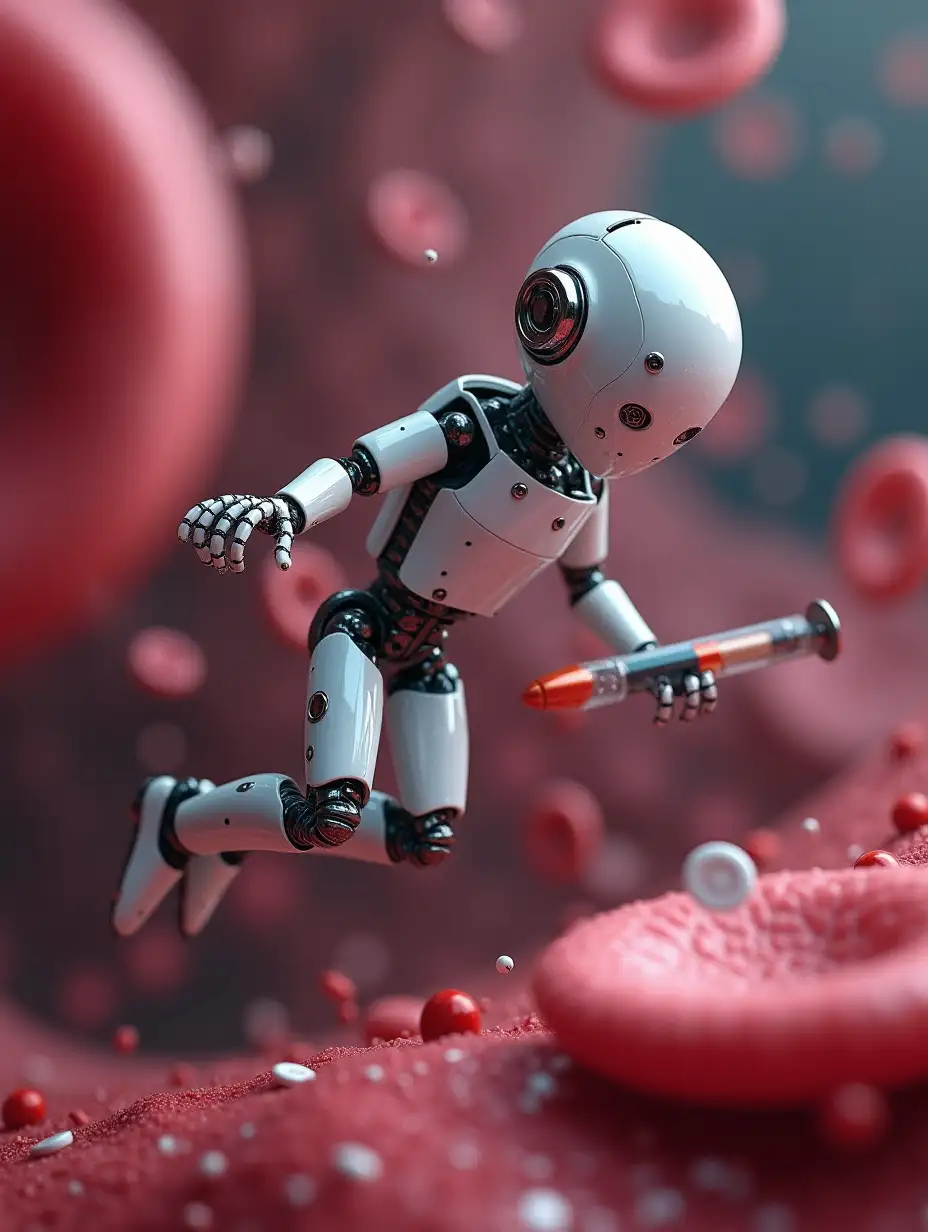 a hyper realistic image of a microscopic non humanoid robot swimming through the blood stream and looks like a microscopic surgeon. holding a pill and a syringe