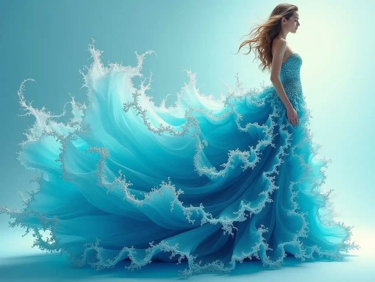 Woman in an elaborate aqua dress made entirely of water waves, by Dmitry Kostanovich, Photoshop, Felicia Semyon, UHD image, Ekaterina Panikanova, Shiny and sparkling, HDR, Dynamic mode, 32 KB, Sharp focus, Illustration. by Sasan.