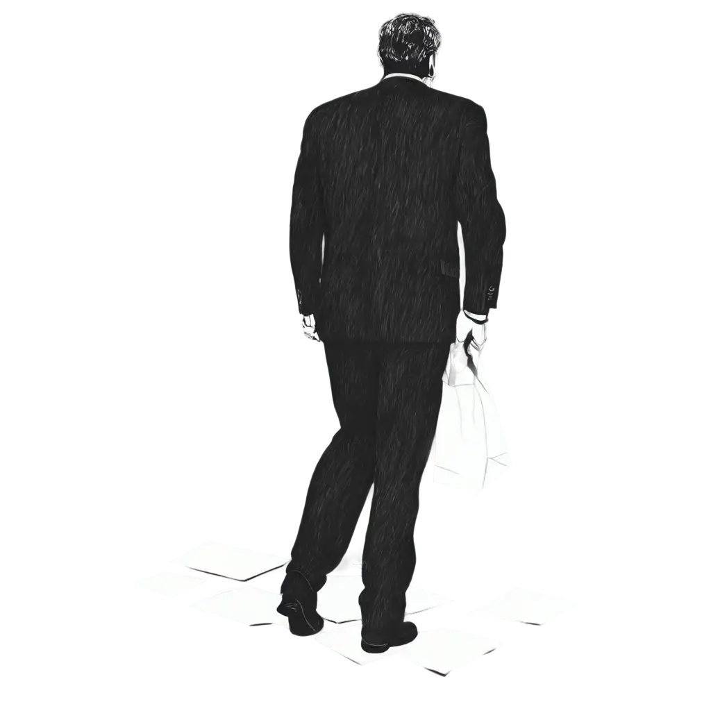 Mature-Man-Walking-Away-Sketch-in-Black-and-White-PNG-with-Scattered-Sheets-on-the-Ground