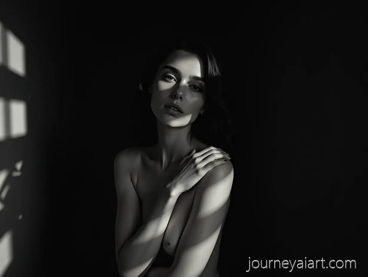 Hyperrealistic-Black-and-White-Portrait-of-a-Freckled-Woman-in-Cinematic-Light-and-Shadow