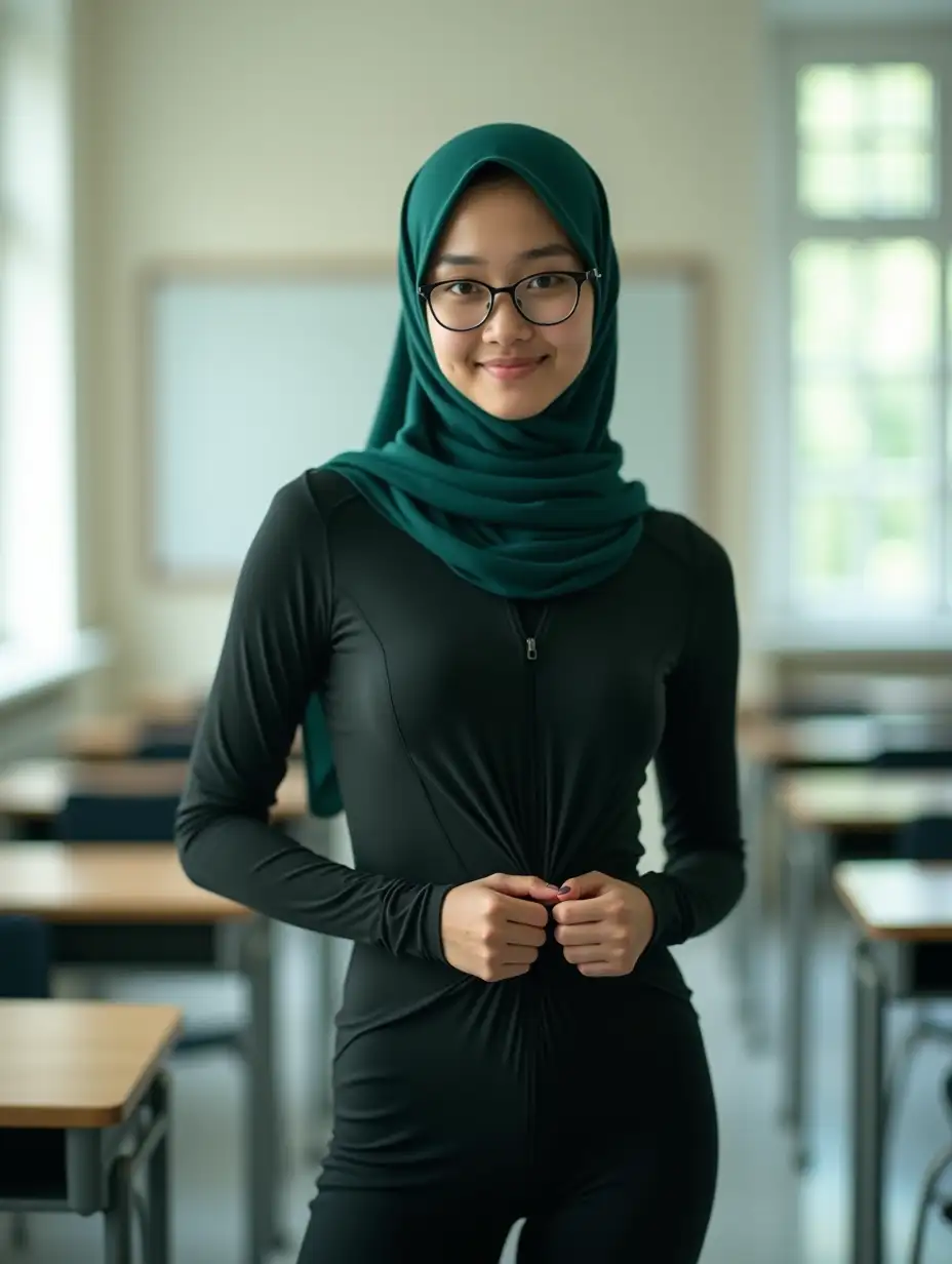 Serene-Asian-Woman-in-Bottle-Green-Hijab-and-Black-Swimsuit-in-Classroom-Studio