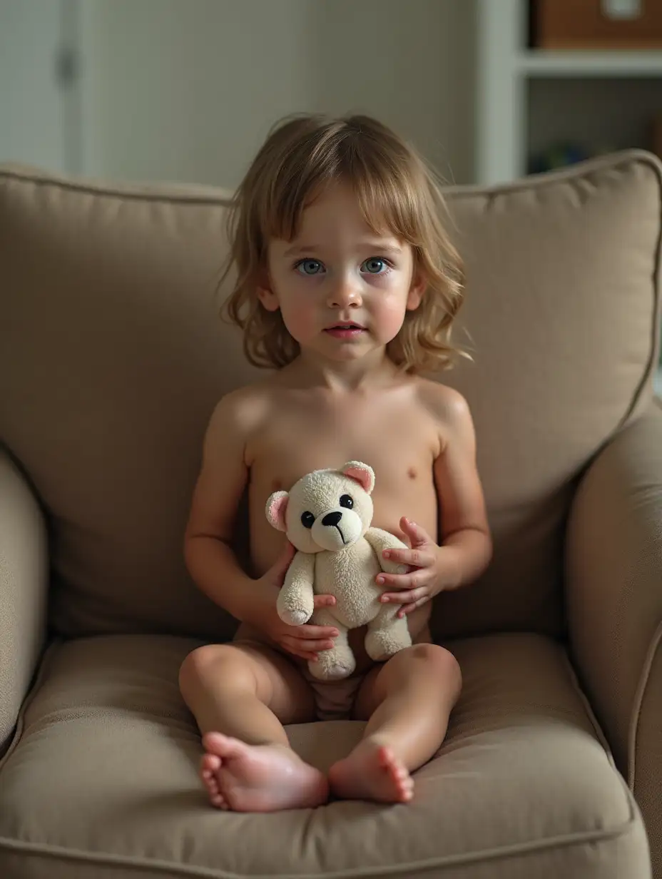 Skinny-Little-Girl-on-Couch-Holding-Stuffed-Animal-in-Playroom