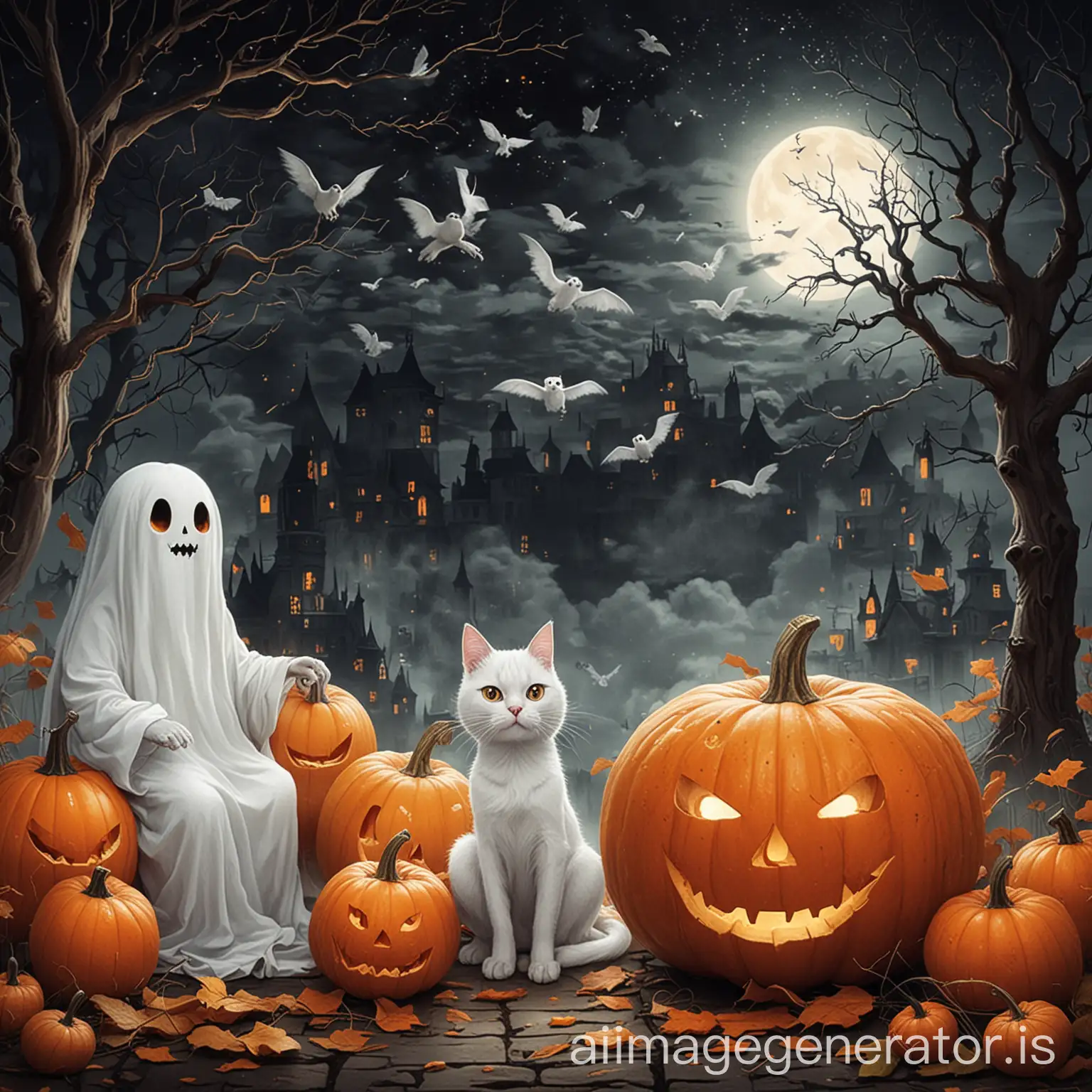 Halloween-Pumpkin-Ghost-and-Cat-Illustration