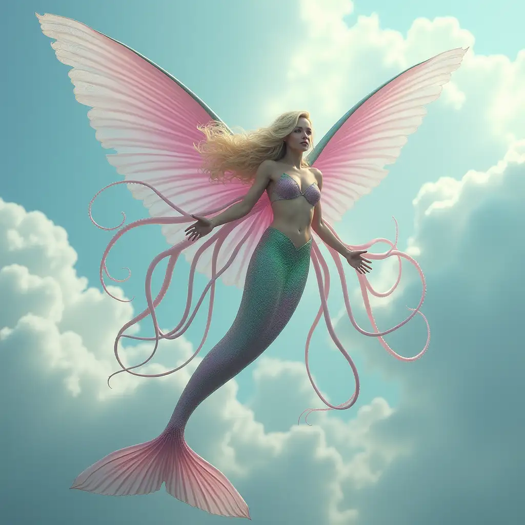 A photo of a blonde-haired mermaid with gigantic, long, shiny, webbed, membranous pink and blue wings flying in the sky between the clouds. She has many very long octopus tentacles growing from the waist. The mermaid has long pink and green scaly fish tail. She is flapping her wings. The background is filled with clouds.