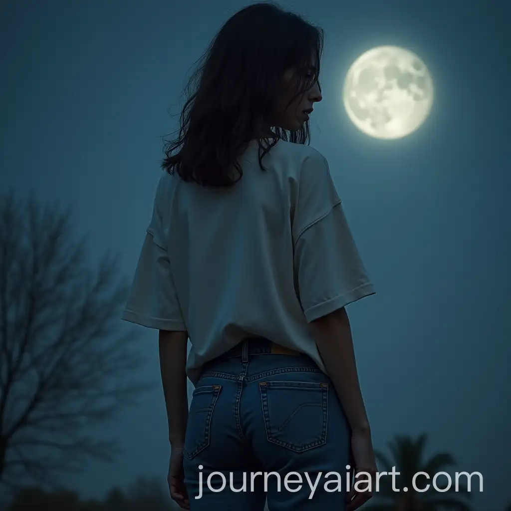 Girl-in-Oversized-Tshirt-and-Jeans-Standing-in-Moonlight