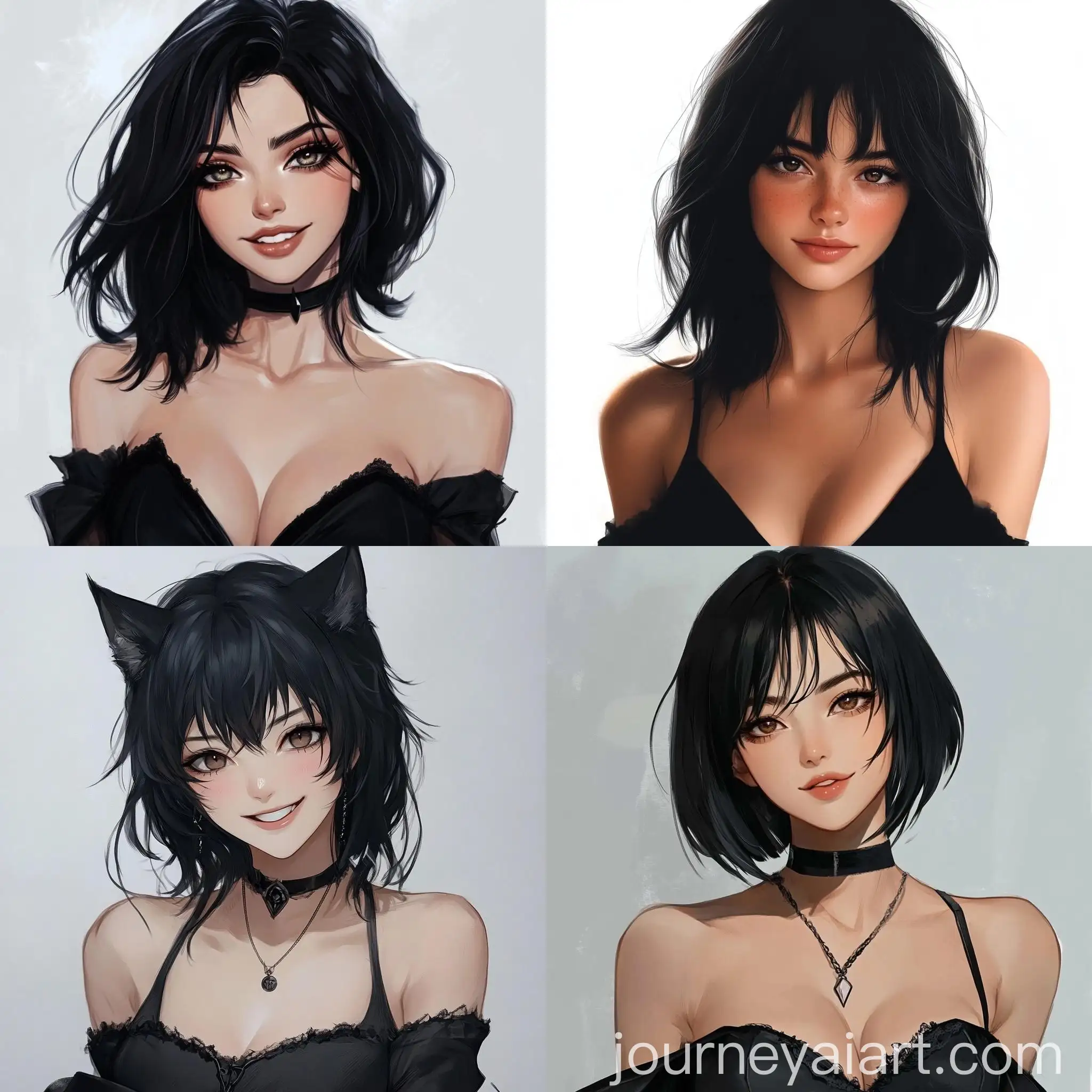 SemiRealistic-Anime-Portrait-of-a-20YearOld-Woman-in-Black-Witch-Dress-with-Wolfcut-Hair