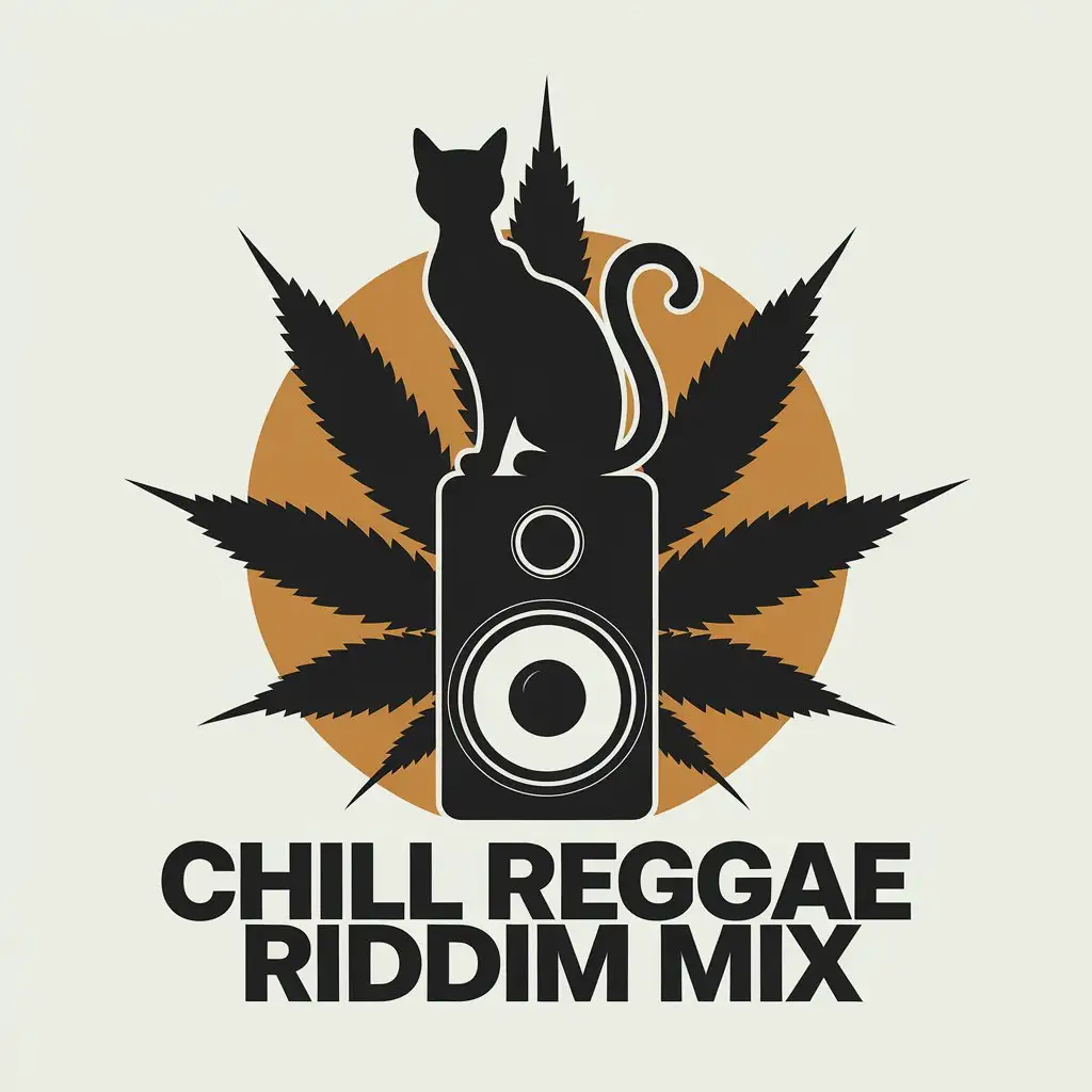 LOGO Design for Chill Reggae Riddim Mix Black Cat Speaker Marijuana Silhouette with Rasta Colors and Reggae Style