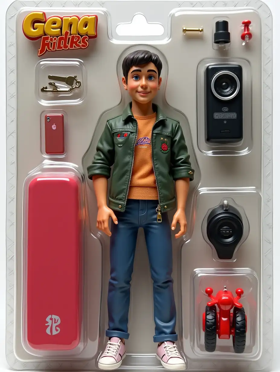 Use this photo of me to create an action figure of myself in a blister pack, in the style like a premium collectible toy. The figure should be standing up and have a relaxed, friendly smile. The blister pack should have a header with the text [Gena] in large letters and a subheading of [dude] below it. Include accessories in compartments to the side of the figure: [pink iphone 14, red motorcycle IZH Planet 5, Lifan Car Key, A small vape].