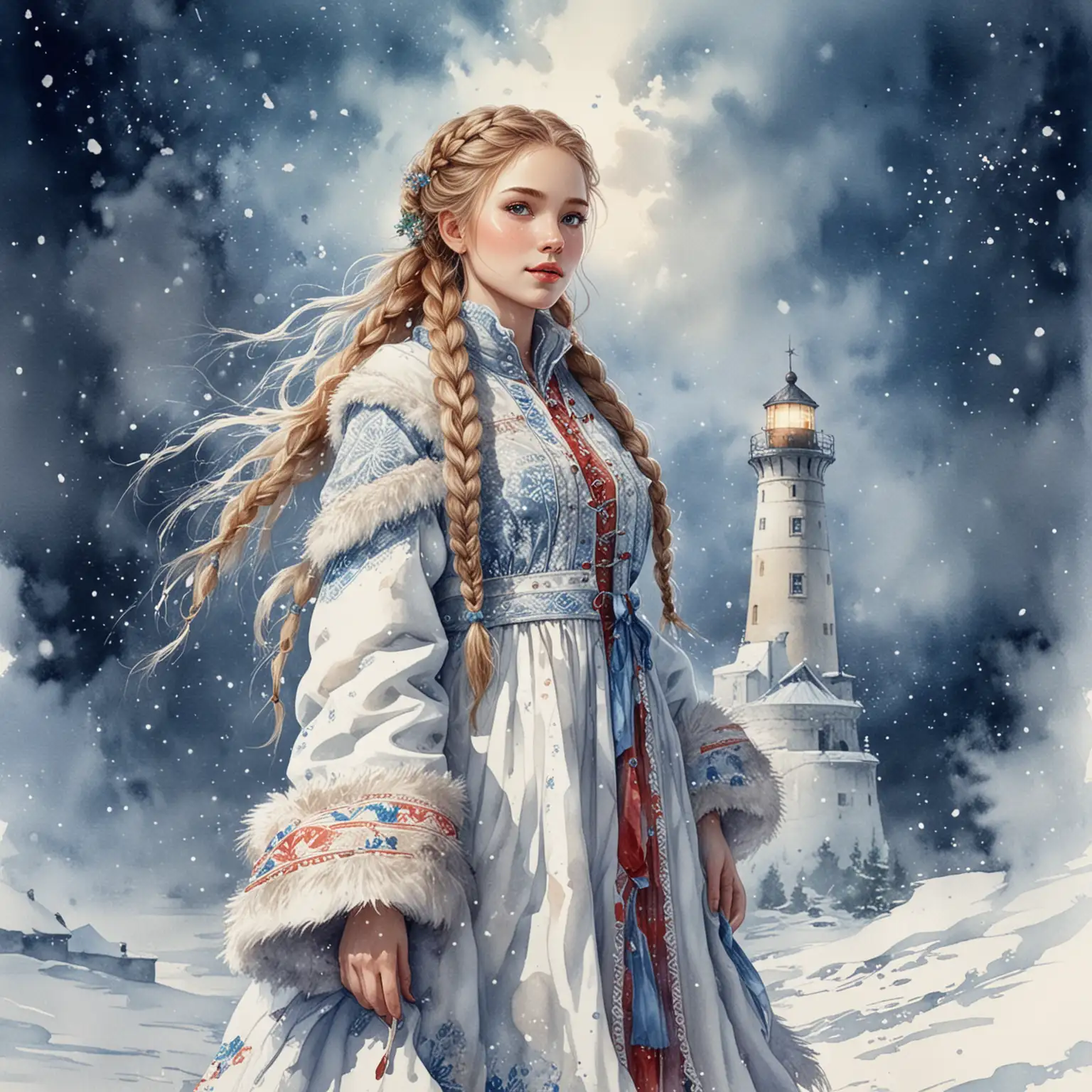 Snow-Maiden-in-Sarafan-and-Fur-Coat-at-a-Winter-Lighthouse