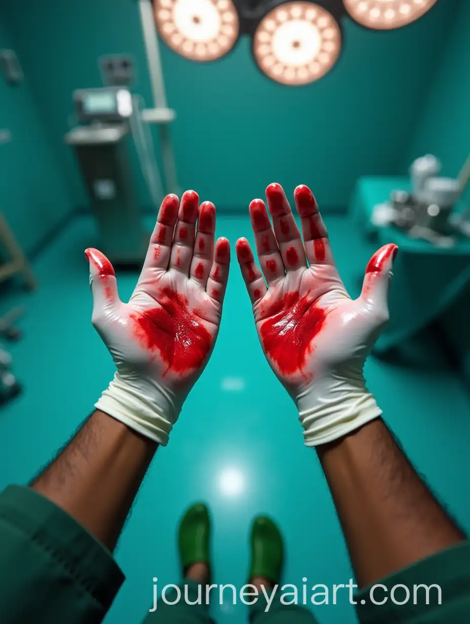 FirstPerson-View-of-Surgeon-with-BloodStained-Gloves-in-Operating-Room