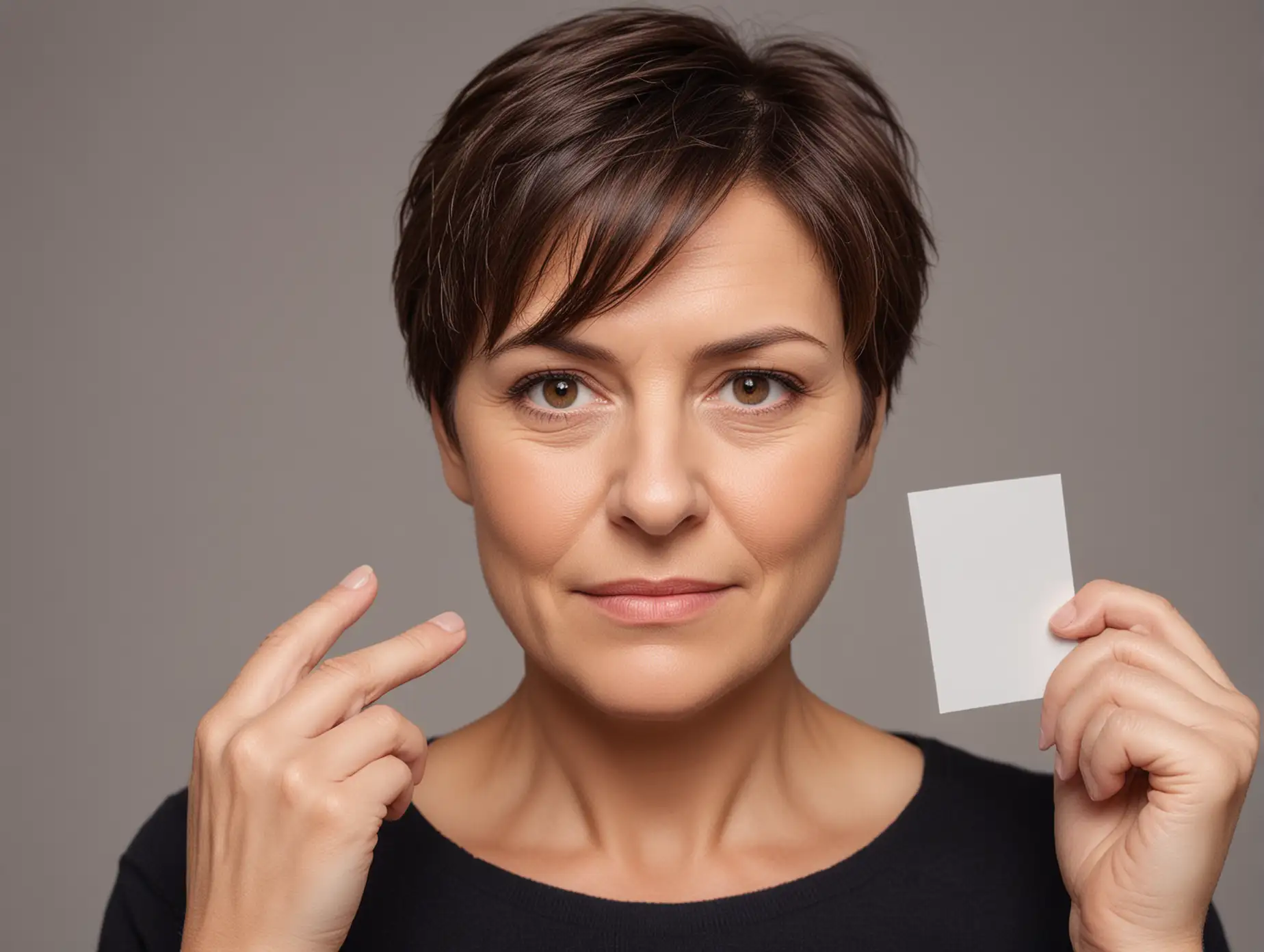 a middle-aged woman, brunette with short hair holding identity next to her face