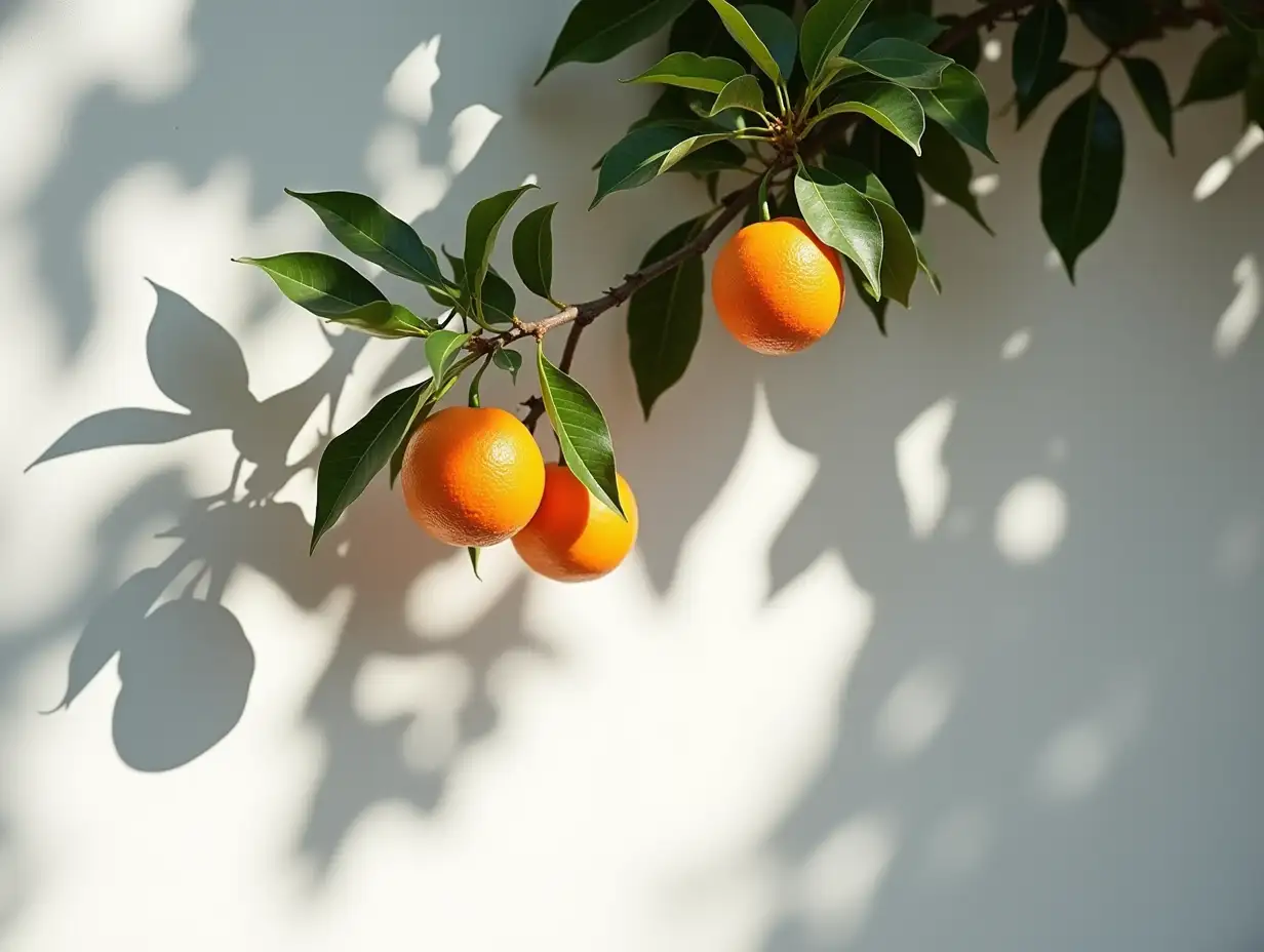 Elegant Orange Tree Branch with Ripe Oranges Against a White Wall