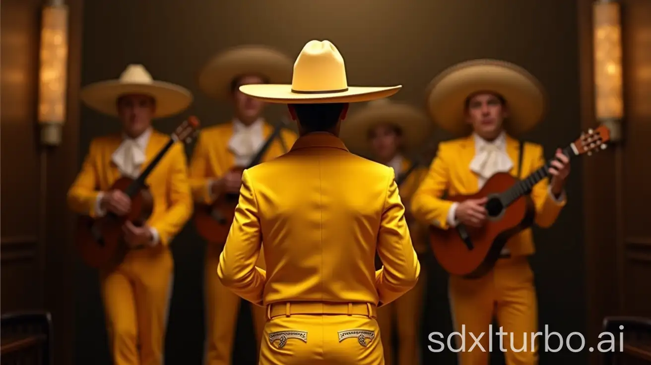 It creates an image of a man and his marichi musicians, seen from the audience, of a presentation of an artist dressed as a very beautiful yellow marichi and with a hat on, and the musicians are seen behind.  The image must be highly realistic and in an elegant Mexican setting.