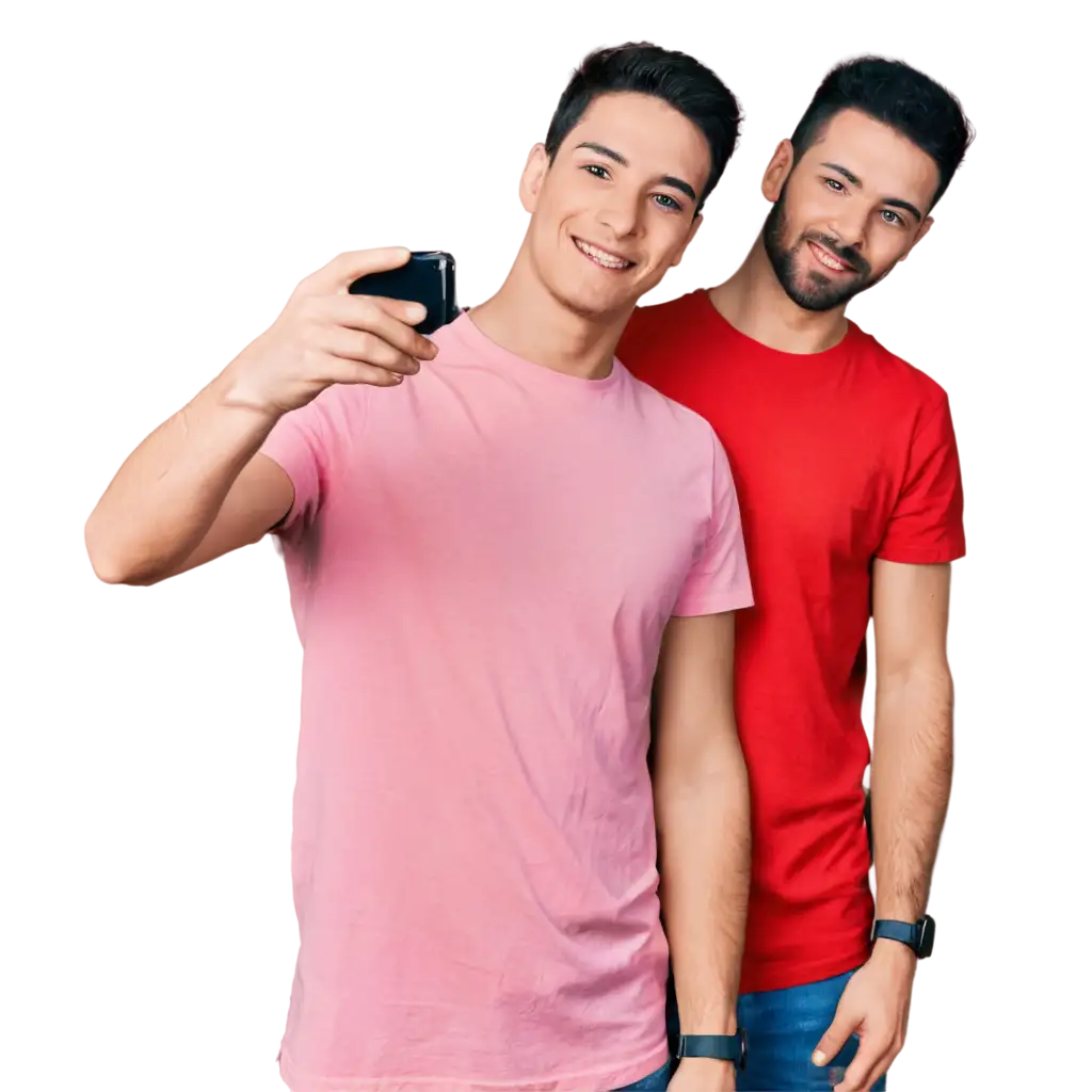 Vibrant-PNG-Image-of-a-20YearOld-Boy-in-a-Pink-TShirt-Taking-a-Selfie-with-a-Man-in-a-Red-Shirt